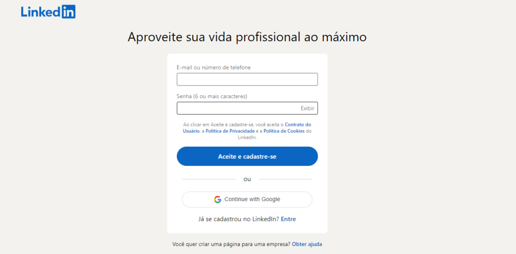 Print da tela de cadastro do LinkedIn