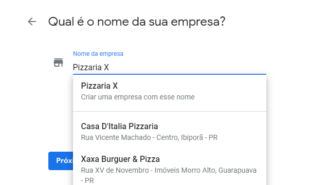 Imagem mostra como é a etapa para adicionar o nome da sua empresa no Google Meu Negócio