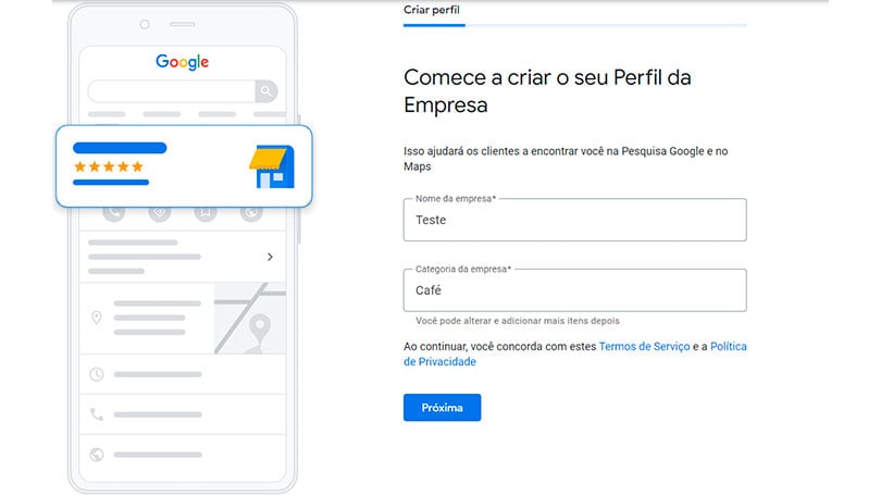 Imagem da primeira página para criar uma conta no Google Meu Negócio