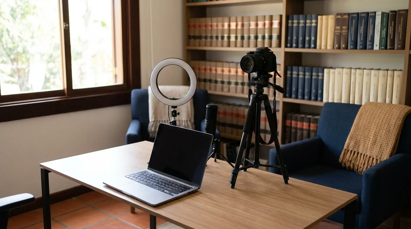 Home office de advogado montado para advocacia online com câmera, luz e microfone