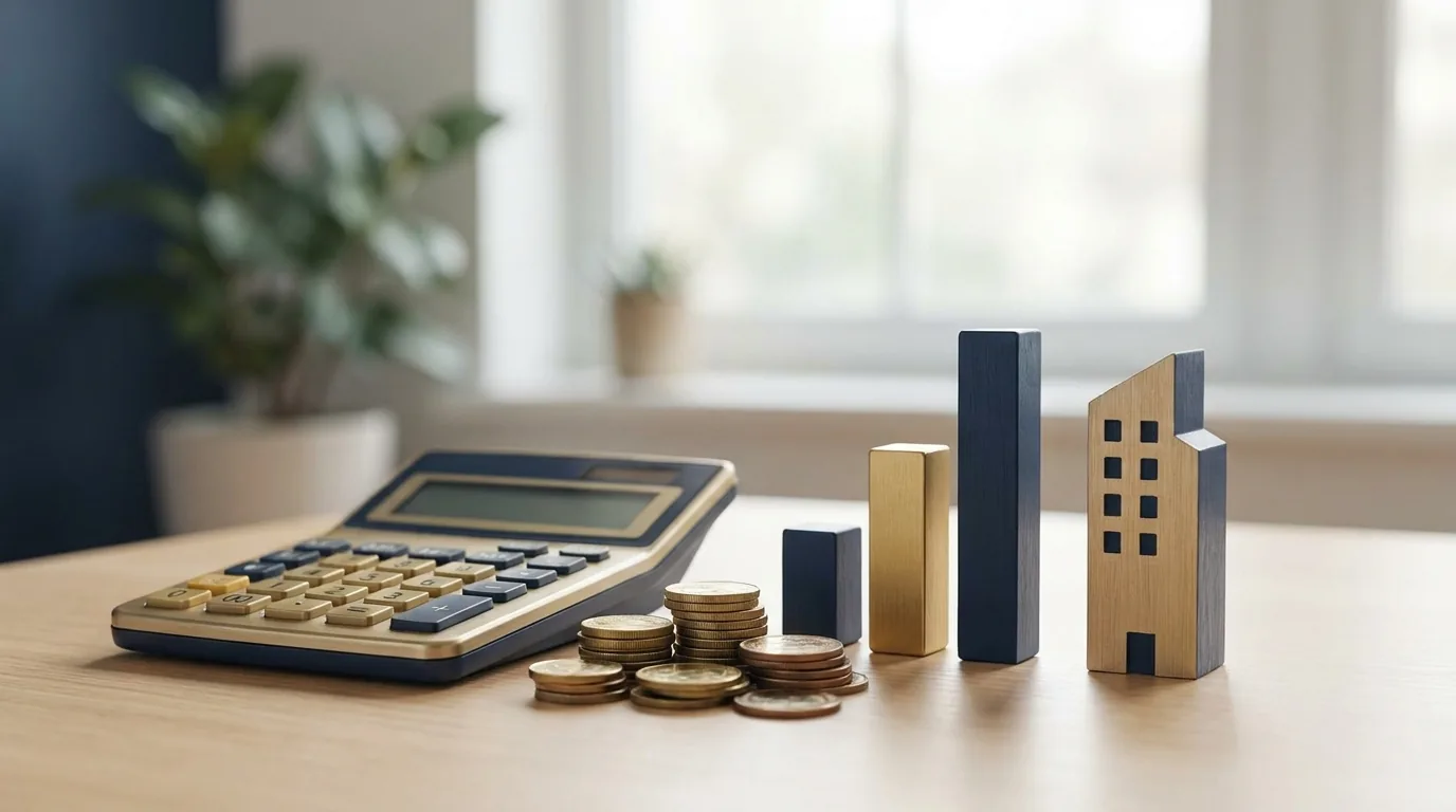Calculadora, moedas e gráfico representando os custos para abrir um escritório de advocacia