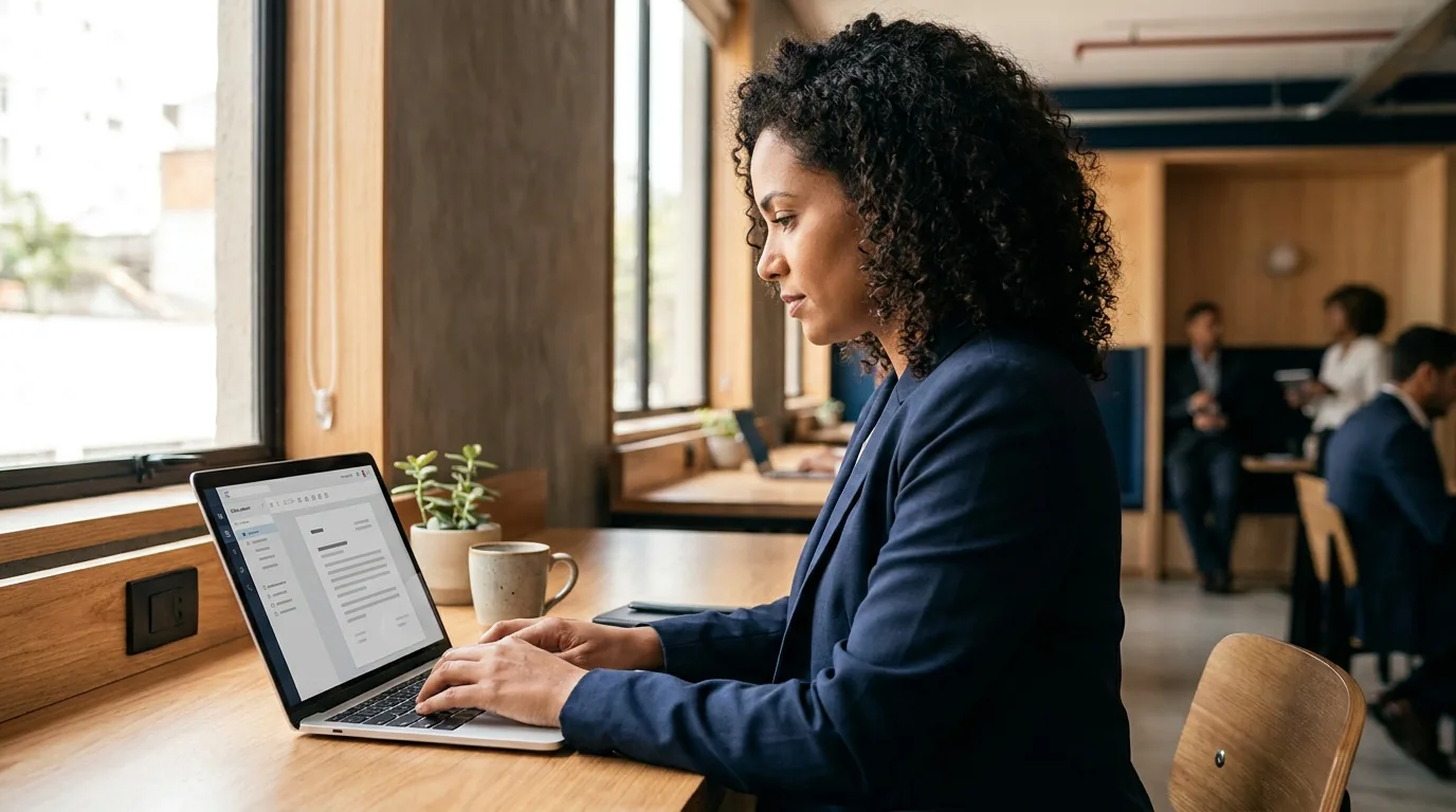 Advogada trabalhando em escritório enxuto com notebook e software jurídico