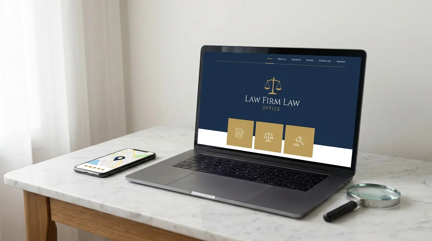Notebook com site profissional de escritório de advocacia e celular com avaliações no Google