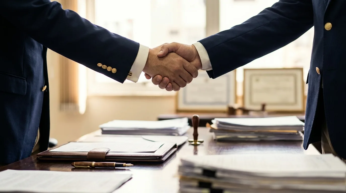 Aperto de mãos entre advogados fechando parceria de correspondência jurídica