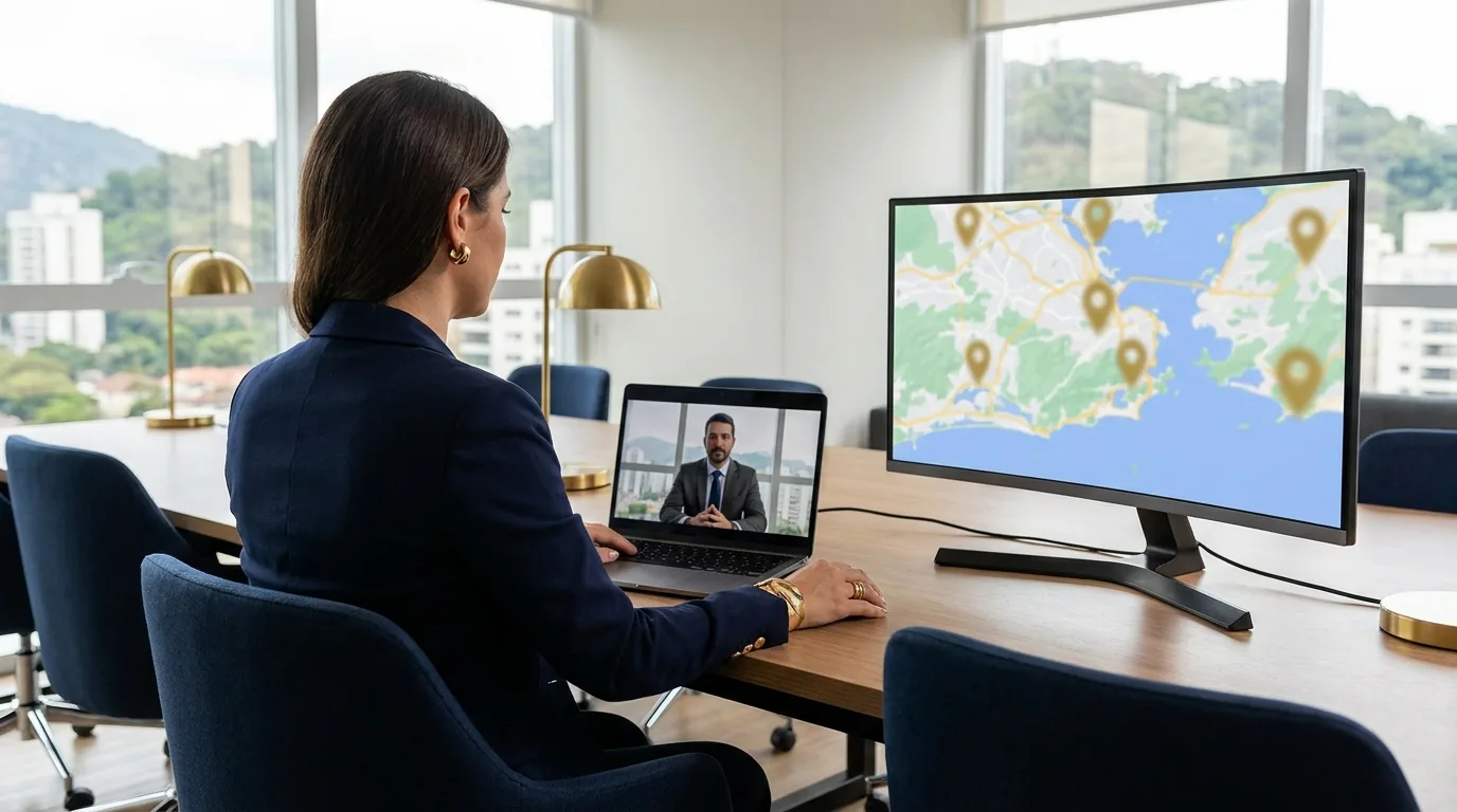 Gestora de escritório contratando correspondente jurídico por videochamada com mapa de comarcas