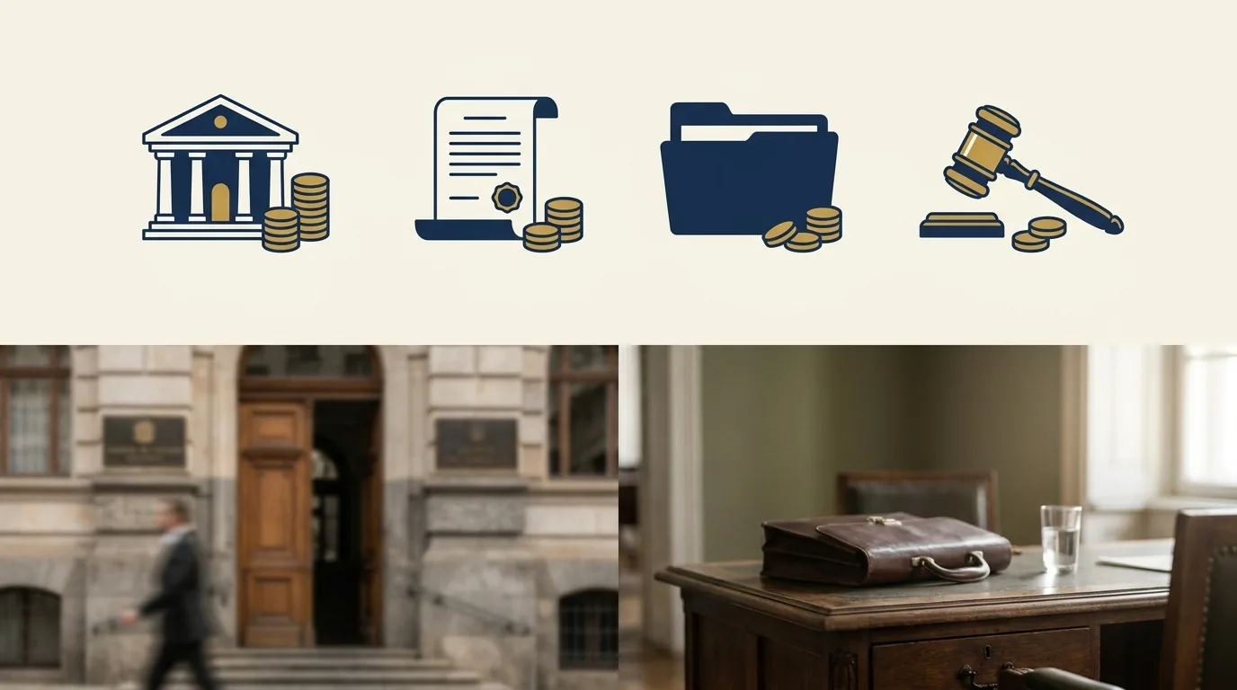Ícones de audiência, protocolo, cópia de autos e diligência com os custos do correspondente jurídico