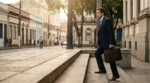 Correspondente jurídico chegando ao fórum para audiência representando escritório de outra cidade