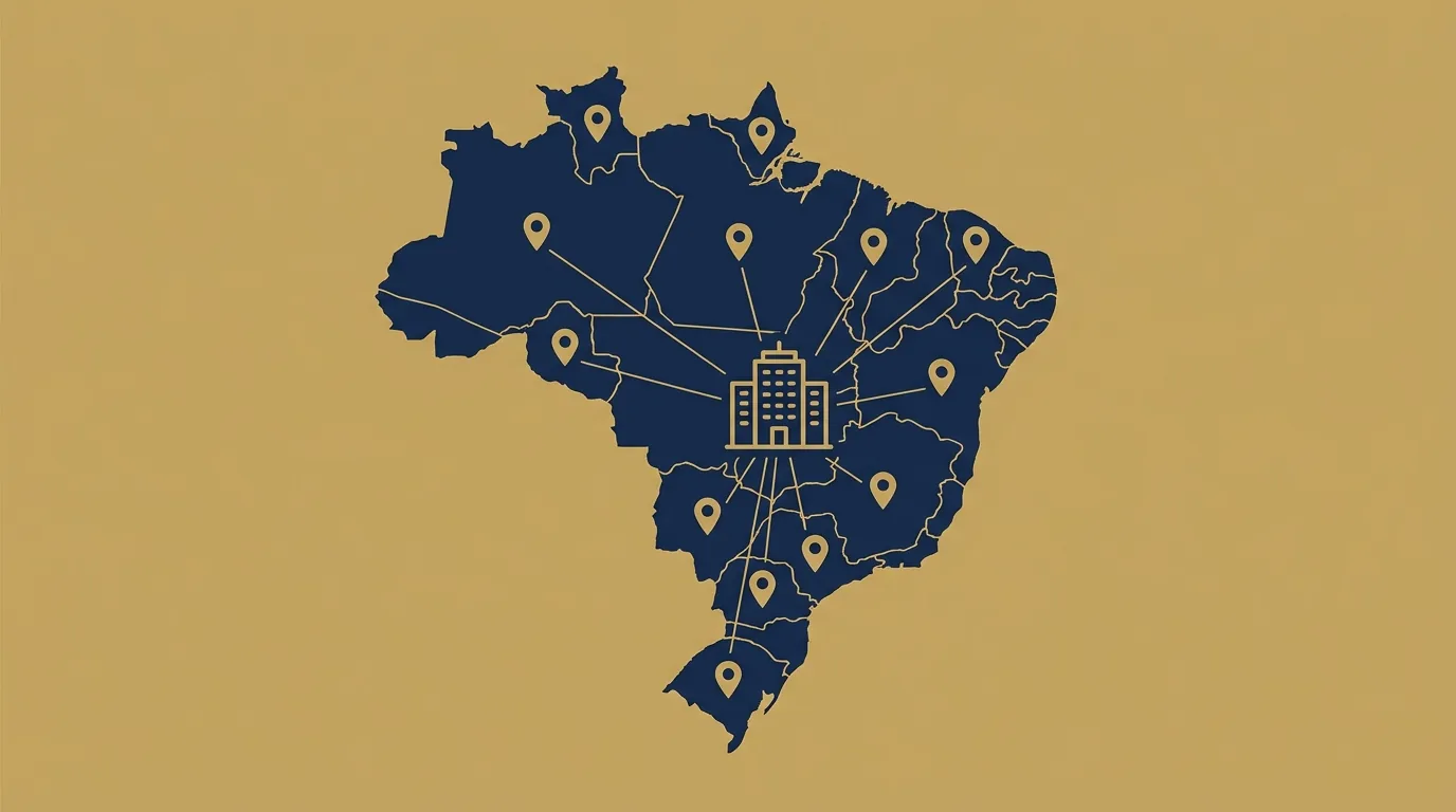 Mapa do Brasil com rede de correspondentes jurídicos conectados a um único escritório