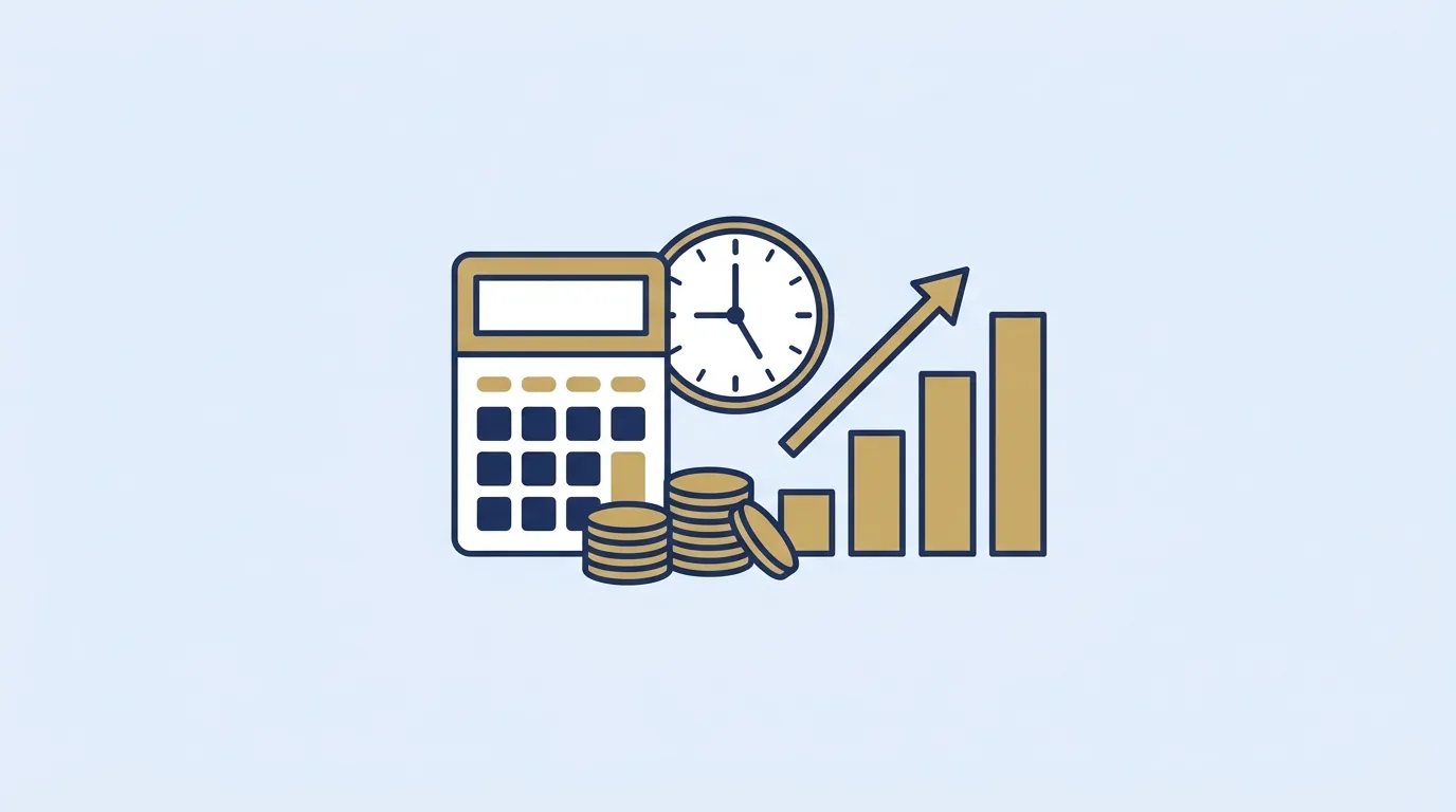 Calculadora, relógio e gráfico representando o cálculo de honorários advocatícios