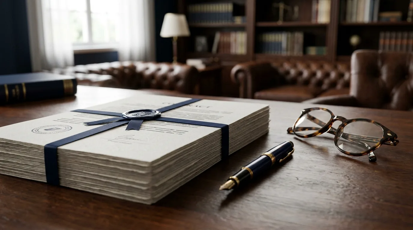 Contrato de honorários advocatícios sobre a mesa com caneta e óculos