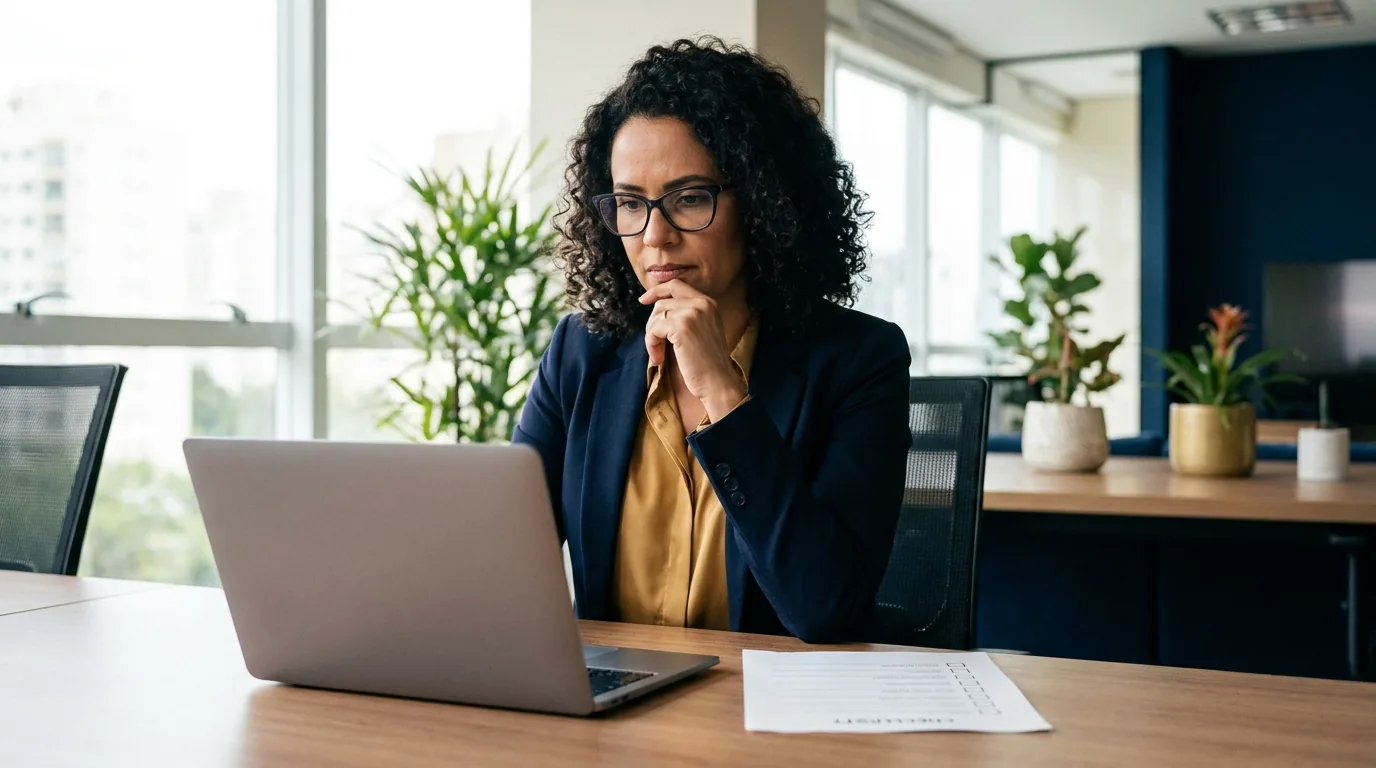 Advogada avaliando solução de legaltech no notebook com checklist de critérios ao lado
