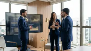 Advogados usando soluções de legaltech e lawtech em telas com dados jurídicos no escritório