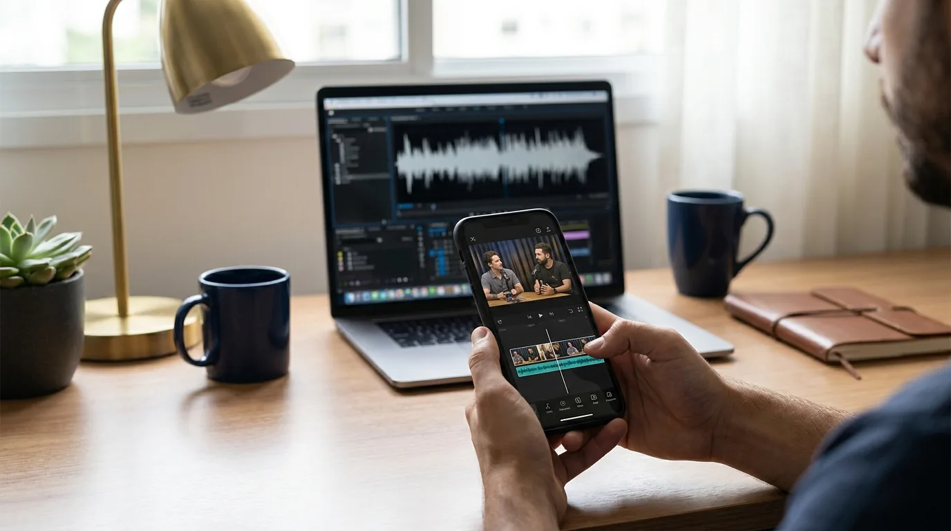 Advogado editando cortes verticais do podcast jurídico no celular para as redes sociais