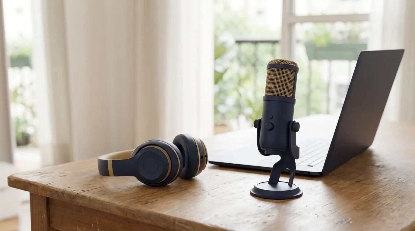 Kit inicial de podcast jurídico com microfone USB, fone e notebook sobre a mesa