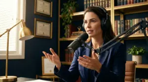 Advogado gravando episódio de podcast jurídico com microfone profissional no escritório