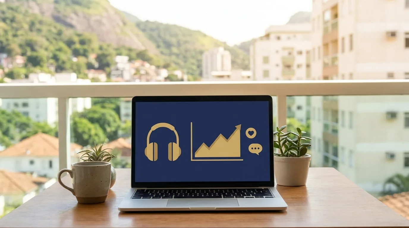 Métricas de podcast jurídico em notebook com gráfico de crescimento e engajamento