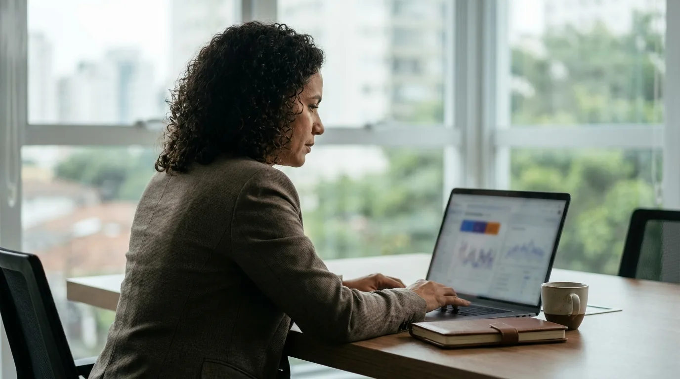 Advogado analisando anúncios de tráfego pago em conformidade com a OAB no notebook