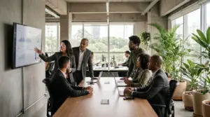 Reunião entre advogados e agência de marketing jurídico analisando resultados em tela