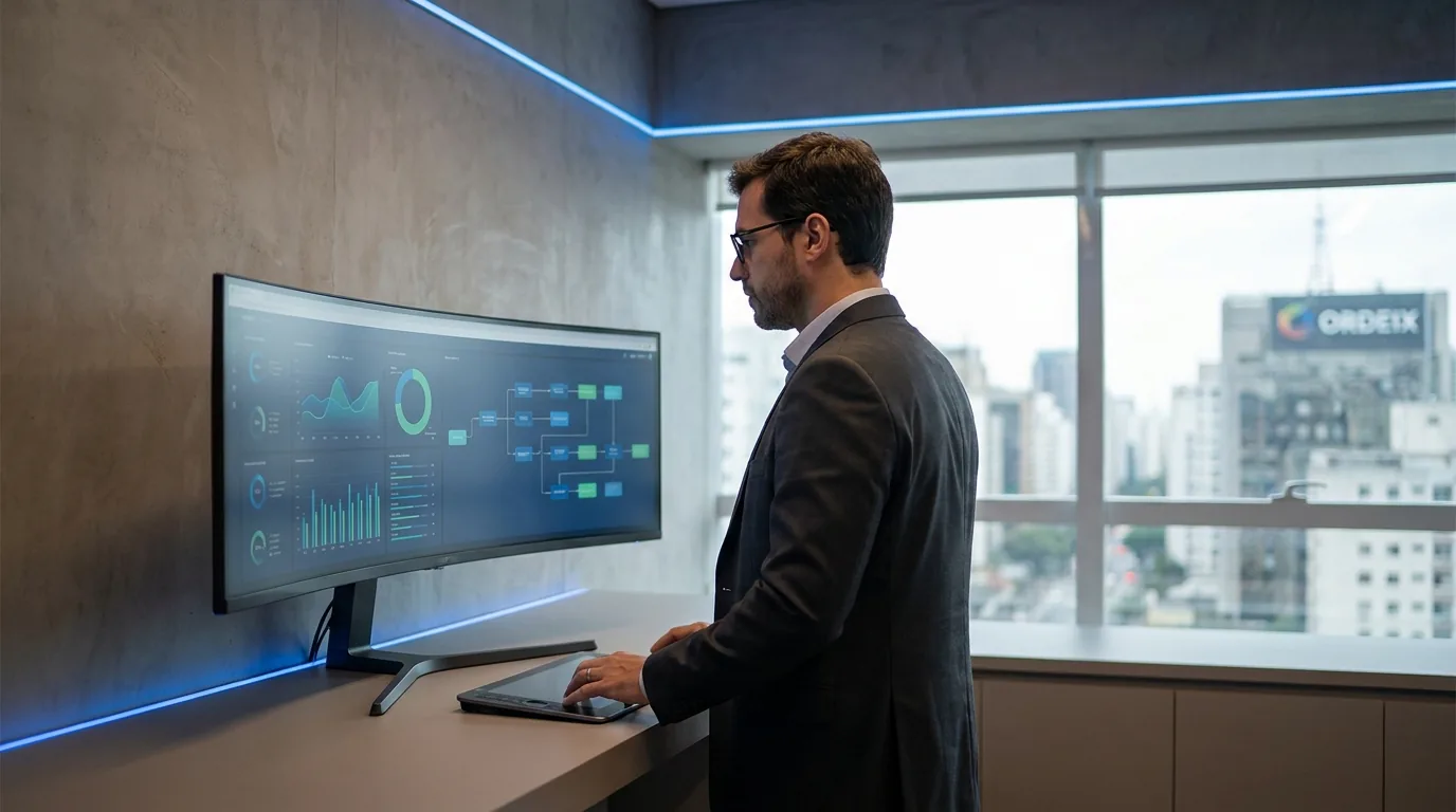 Advogado supervisionando agentes de IA executando tarefas no escritório digital