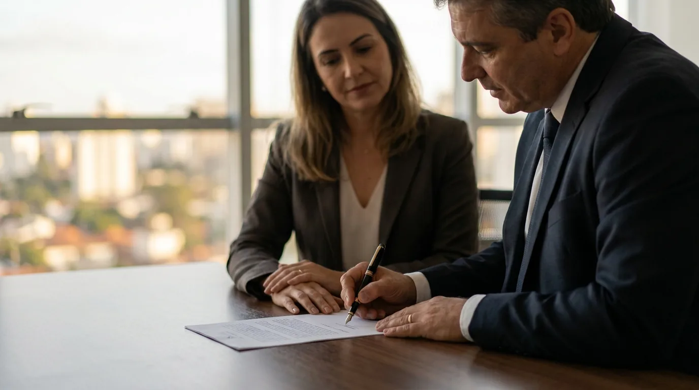 Advogado e cliente assinando contrato de honorários advocatícios no escritório
