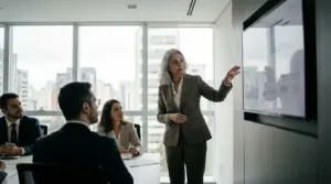 Sócia conduzindo reunião de gestão de escritório de advocacia com indicadores em tela