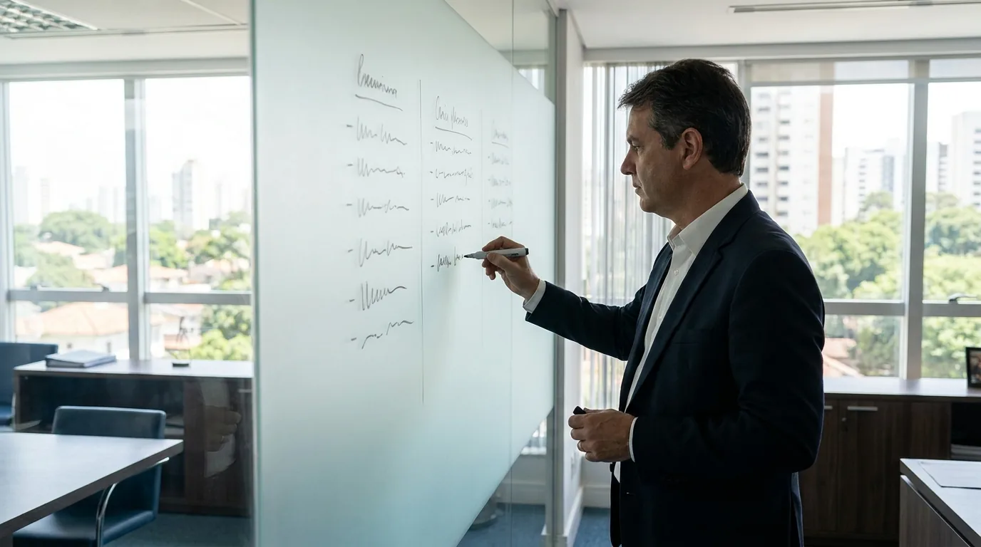 Advogado planejando carreira com três frentes de crescimento em quadro