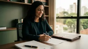 Advogada assinando os atos de constituição da sociedade unipessoal de advocacia