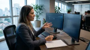 Advogada comparando opções de software jurídico em duas telas no escritório