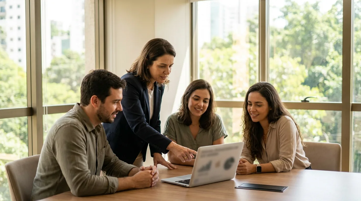 Equipe de escritório em treinamento de implantação do software jurídico