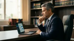 Advogado analisando ChatGPT Ads para advogados na tela do escritório