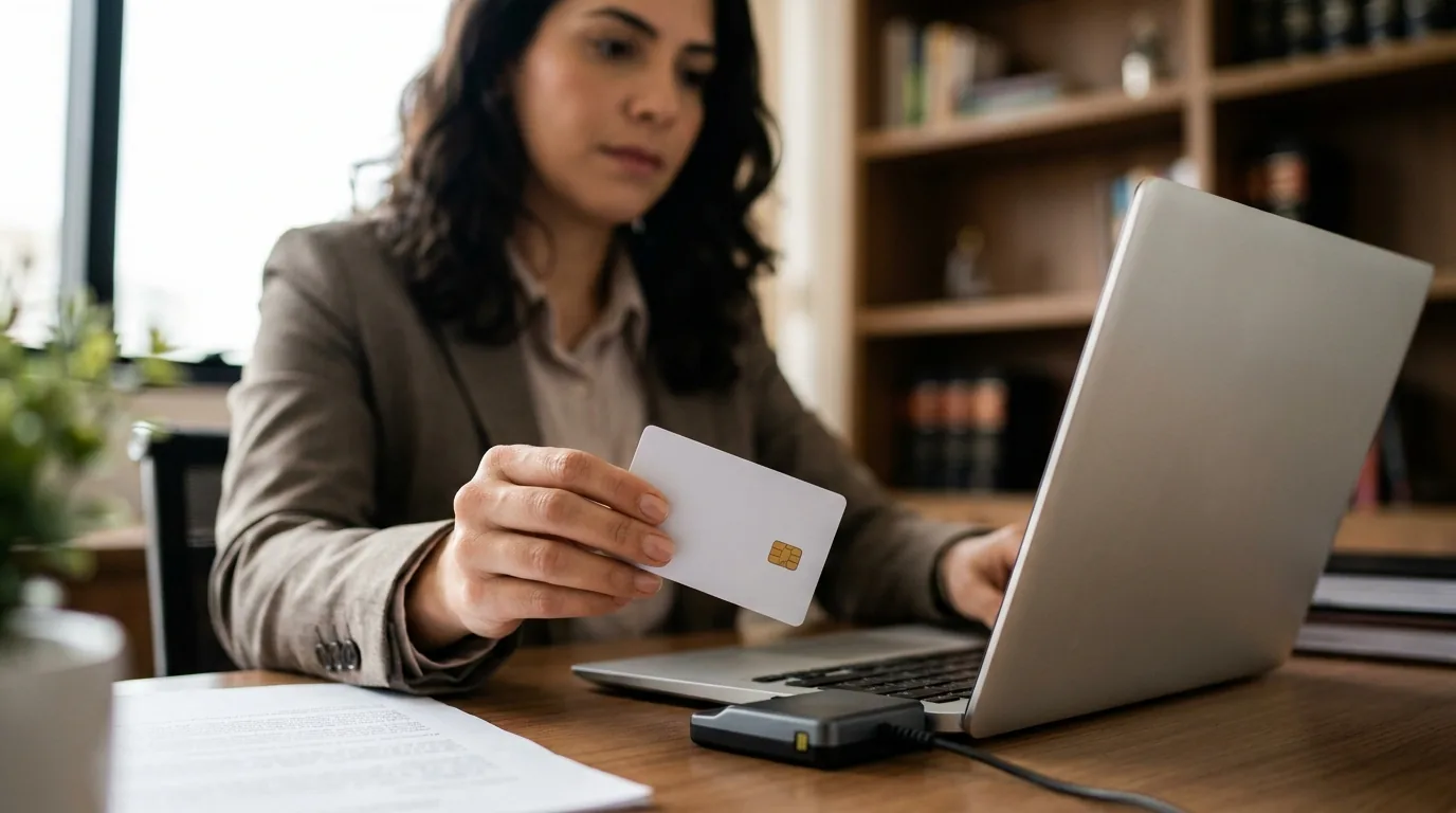 Advogada insere cartão com chip na leitora para usar o certificado digital OAB