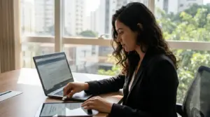 Advogada conecta o token do certificado digital ao notebook para assinar uma petição