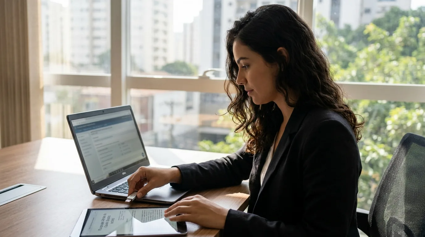Advogada conecta o token do certificado digital ao notebook para assinar uma petição