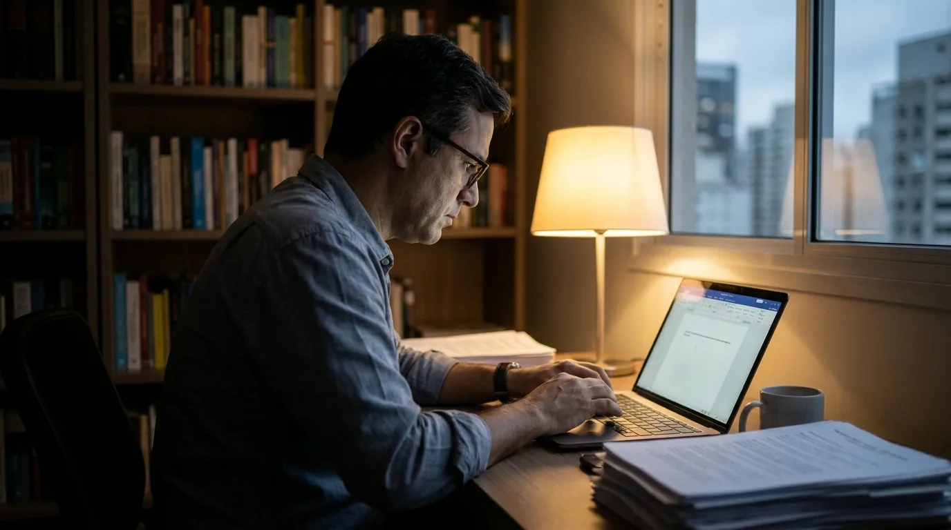 Advogado protocola petição eletrônica à noite com certificado digital no escritório de casa