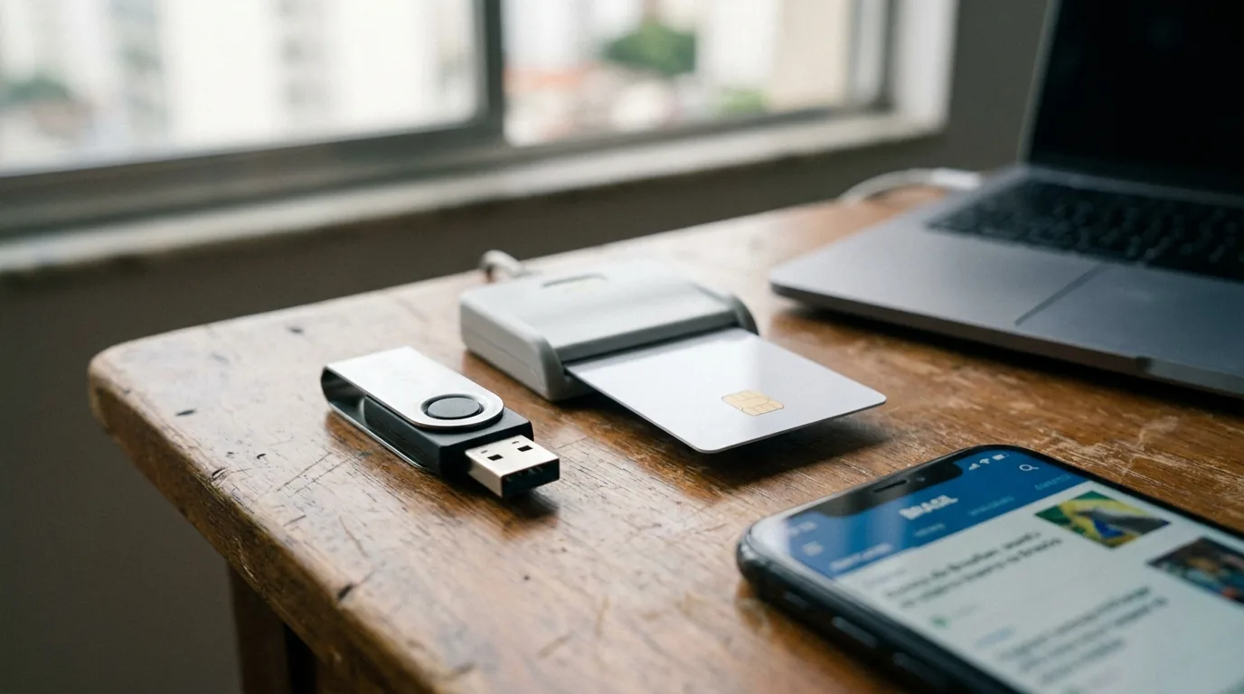 Token USB, leitora com cartão de chip e celular, mídias do certificado digital A3