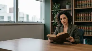 Advogada lendo o Estatuto da OAB em seu escritório