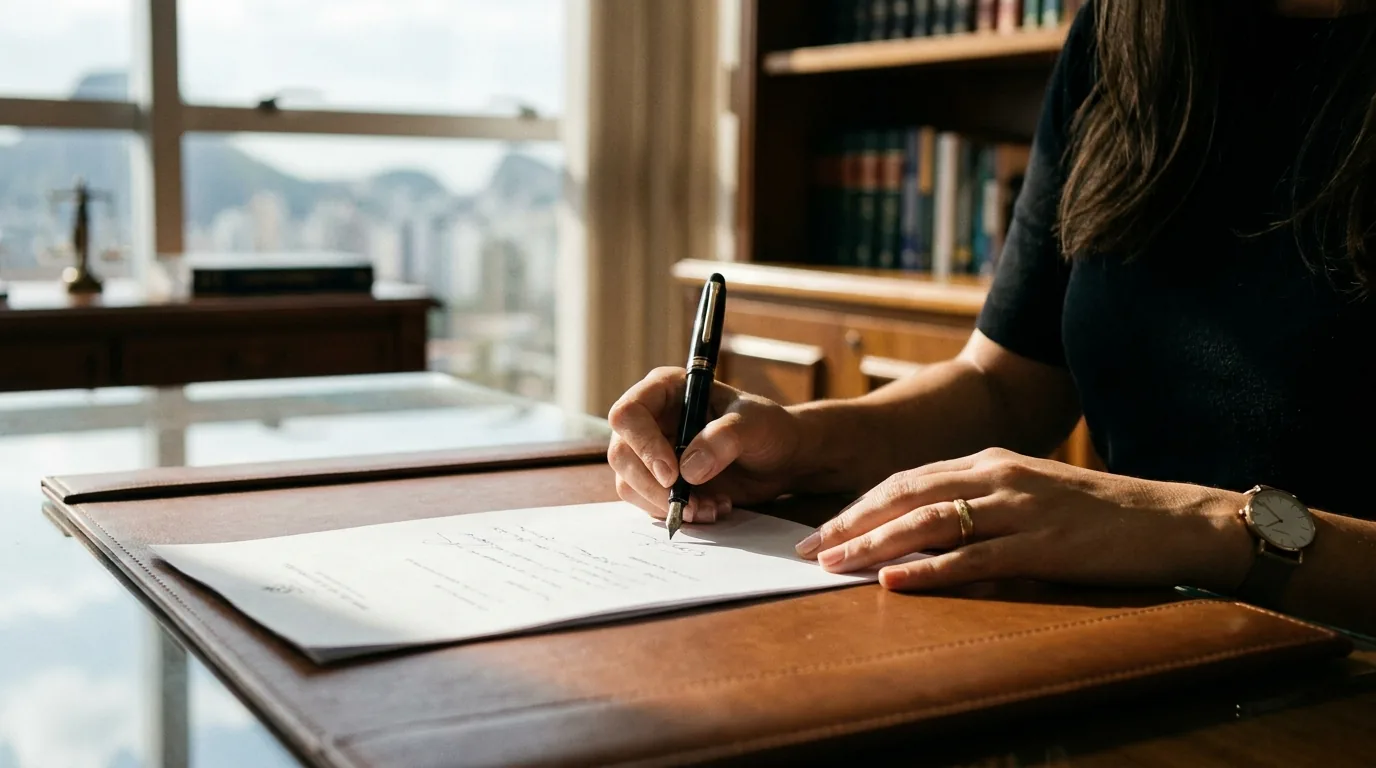 Advogada assinando documento com nome e número de inscrição, como exige o Estatuto da OAB