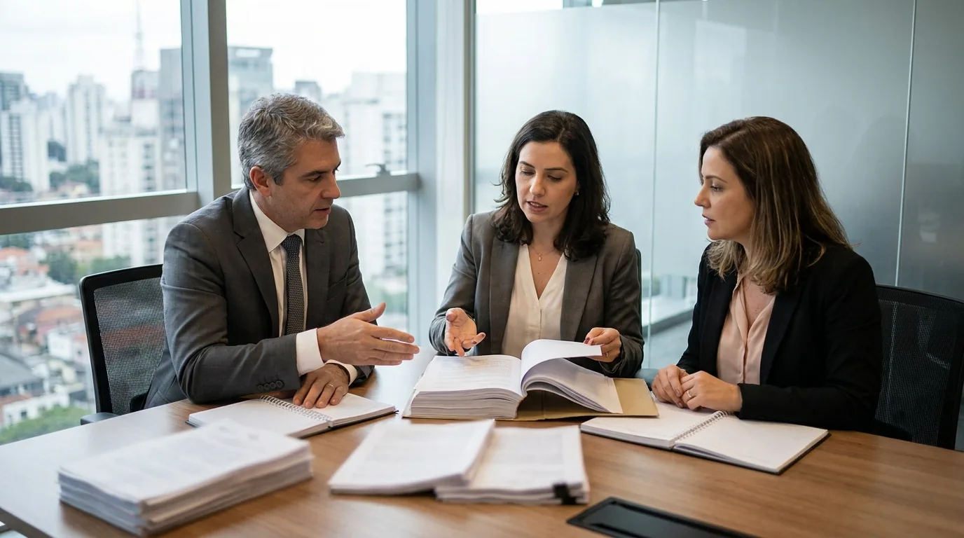 Sócios de escritório discutindo a divisão dos honorários de sucumbência no contrato social