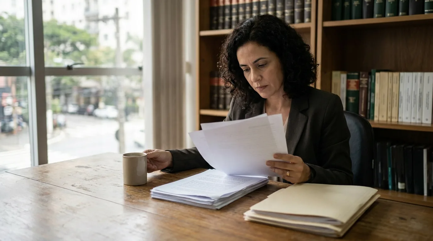 Advogada lendo a sentença que fixou os honorários de sucumbência no escritório