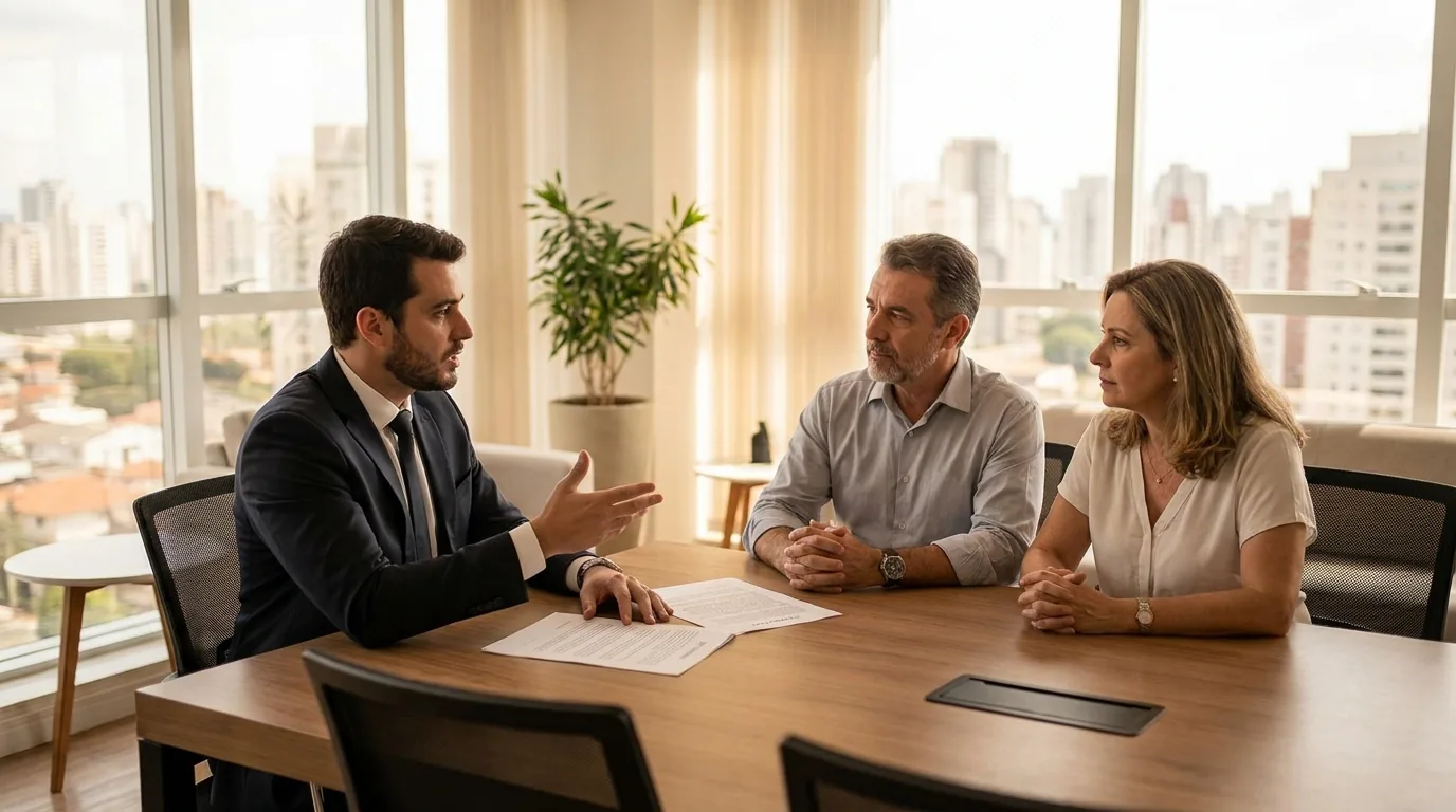 Advogado explicando a clientes a diferença entre honorários contratuais e honorários de sucumbência